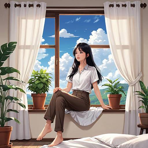 Young Woman Sitting by Window with Plants