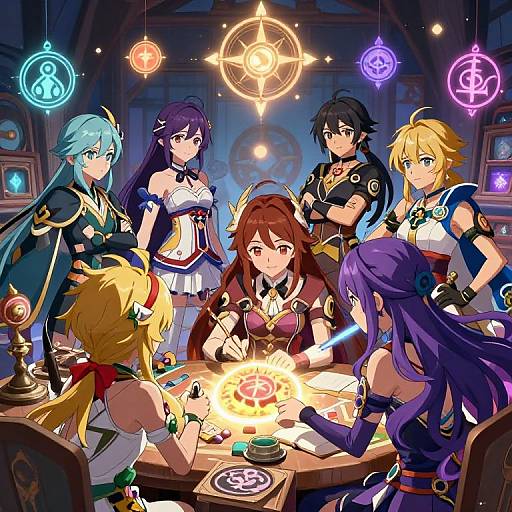 Anime-style digital illustration of six fantasy characters with colorful hair and outfits, gathered around a glowing, magical ritual circle in a dimly-lit, mystical