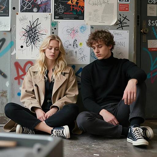 Two People Sitting Against Graffiti Wall