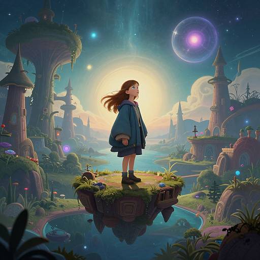 Digital artwork of a young girl in a blue dress standing on a floating island, gazing at a magical, glowing sunset over whimsical, fairy-t