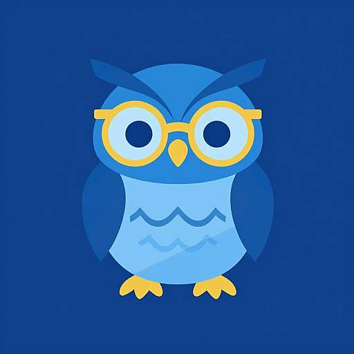 Digital illustration of a cute, cartoon owl with blue body, yellow eyes, and glasses, set against a dark blue background.