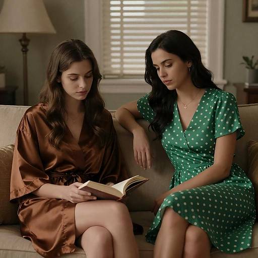 Two Women Reading on Couch in Dimly Lit Room