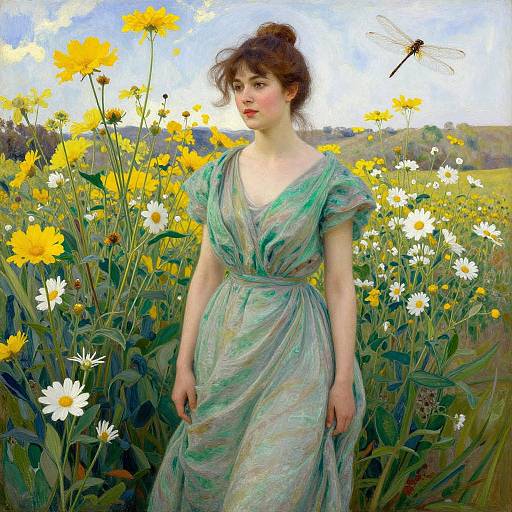 Painting of a fair-skinned, red-haired woman in a green dress standing in a vibrant yellow and white flower field, with a dragonfly hovering