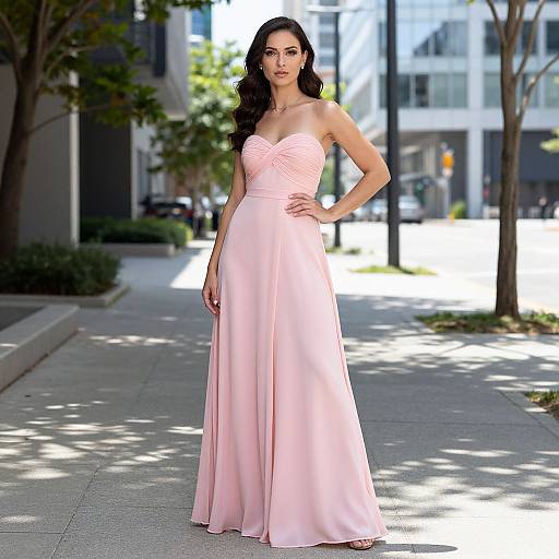 Photograph of a tall, slender woman with long black hair in a strapless, pink, floor-length gown, standing on a sunlit city sidewalk