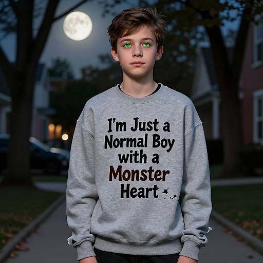 Photograph of a young boy with green eyes, brown hair, wearing a gray sweatshirt with 