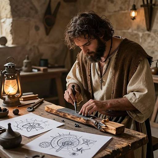 Photograph of a bearded man with curly hair, wearing a brown and cream tunic, meticulously drawing on paper by a glowing lantern in a rustic