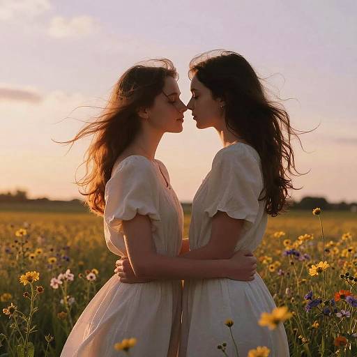Twin Sisters Embrace in Wildflowers