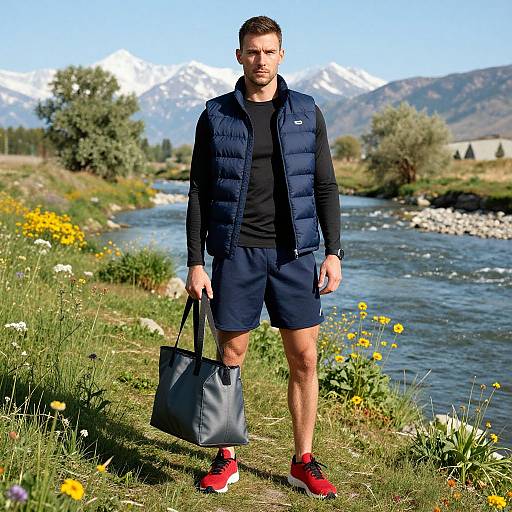 Photograph of a muscular man with short brown hair, wearing a navy puffer vest, black shirt, shorts, red sneakers, and holding a gray