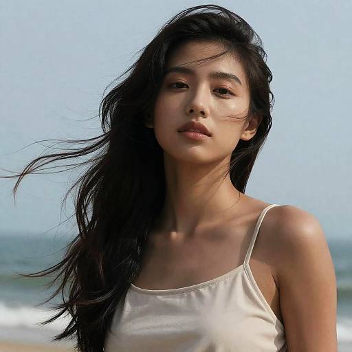 Young Woman at the Beach on Windy Day