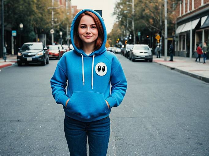 Photograph of a young woman with light brown hair, wearing a blue hoodie with white eyes graphic, standing on a city street. Urban background with cars