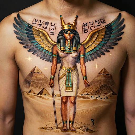 Photograph of a tattooed chest featuring an Egyptian goddess with blue wings, golden headdress, and white dress, standing between pyramids.