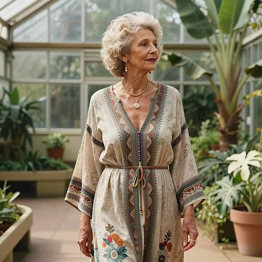 Photograph of an elderly white woman with curly gray hair, wearing a floral-patterned, long-sleeved, embroidered dress, standing in a sun