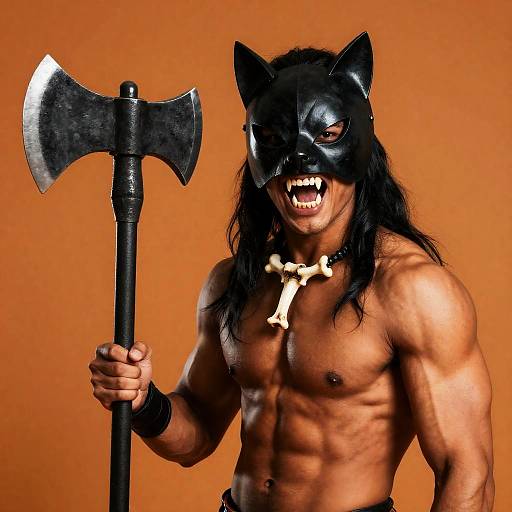 Muscular Man in Black Cat Mask Holding Double-Headed Axe