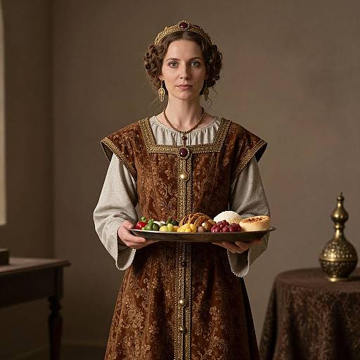 Photograph of a young woman with curly brown hair, wearing a medieval-style brown dress with gold embroidery, holding a plate of colorful fruits and pastries
