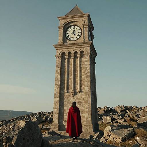Photograph of a person in a red cloak standing before a tall, stone clock tower with a black clock face, surrounded by rocky terrain under a clear