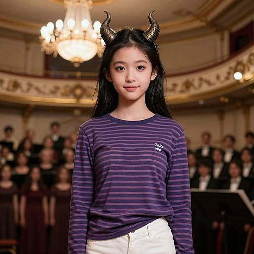 Photograph of an Asian girl with black horns, long black hair, wearing a purple striped shirt and white pants, standing in an ornate, ch