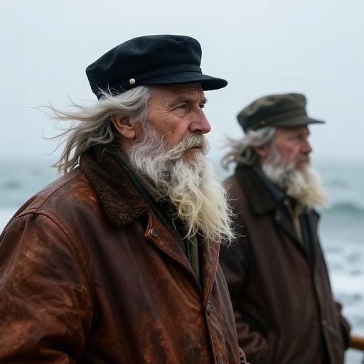 Photograph of two elderly white-bearded men with long white hair, wearing black hats and brown leather jackets, standing by a snowy, oceanic background