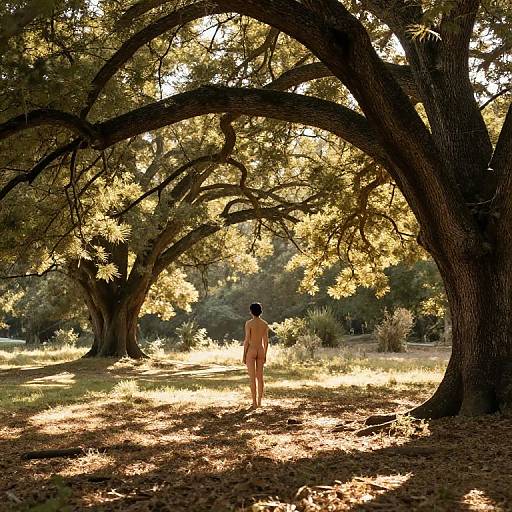 Photograph of a nude person standing in a sunlit forest clearing, framed by large, curved, shadowy trees with golden sunlight filtering through leaves.