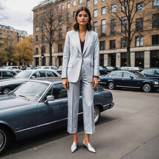 Young Woman in Tailored Silver Suit on City Street