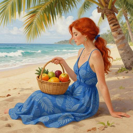 Red-haired woman in blue floral dress sits on tropical beach, holding basket with apples and oranges, palm trees and ocean in background. Digital art.