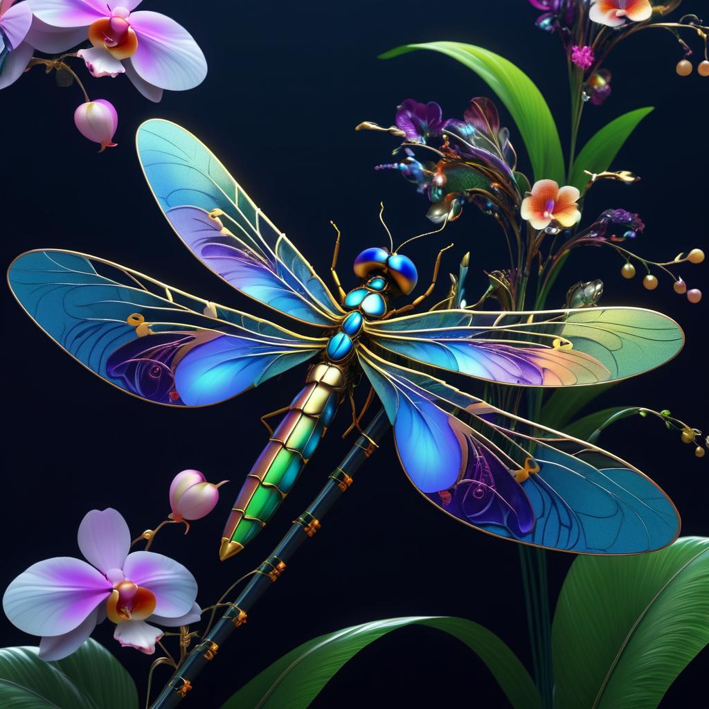 Vivid Biomechanical Dragonfly with Orchids