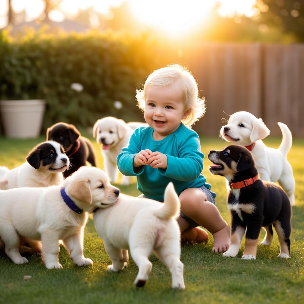 Joyful Toddler and Playful Puppies