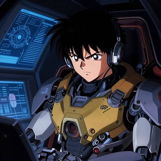 Digital anime-style illustration of a determined young man with black hair, wearing a yellow and black futuristic armored suit, focused on a blue holographic control panel