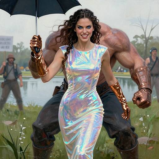 Digital artwork of a curly-haired woman in a shiny, iridescent dress holding an umbrella, flanked by a muscular, armored man. Background: