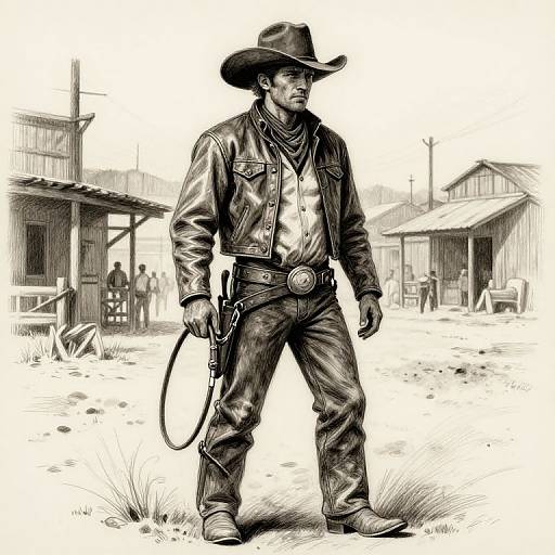 Black and white digital illustration of a stern cowboy in a leather jacket, hat, and jeans, holding a lasso, standing in a Western town.