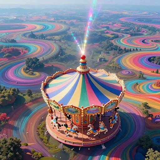 Floating Carousel Over Surreal Swirling Landscape