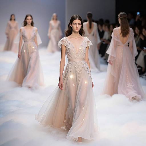 Photograph of a fashion runway show featuring a dark-haired model in a white, lace-embellished, floor-length gown, surrounded by other models