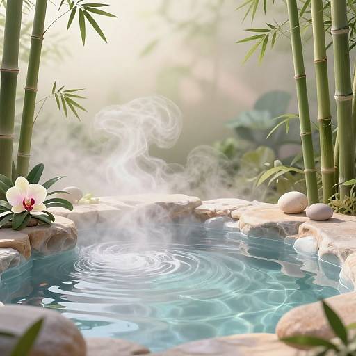 Photograph of a serene bamboo-lined hot spring, with steam rising, clear blue water, white flower, smooth stones, and lush greenery.