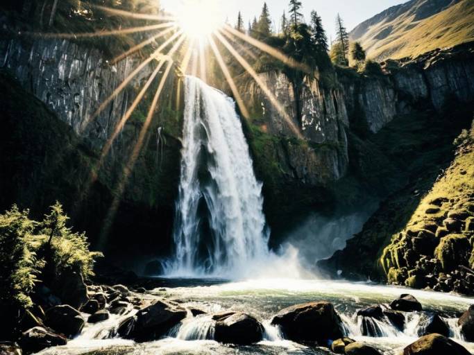 Mountain Waterfall Under Shining Sun