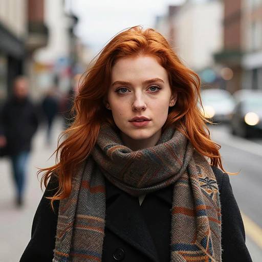 Red-haired Woman in Plaid Scarf on City Street