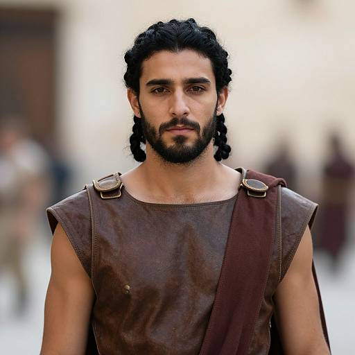 Photograph of a muscular Middle Eastern man with dark curly hair, beard, and mustache, wearing a brown leather sleeveless tunic with shoulder straps