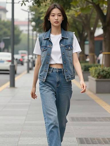 Young woman walking in denim vest and jeans