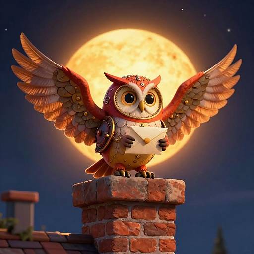 Digital illustration of a vibrant, cartoon owl with large wings, standing on a brick chimney against a glowing full moon.