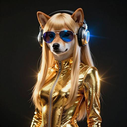 Photograph of an anthropomorphic Shiba Inu with long blonde hair, wearing blue aviator sunglasses, silver headphones, and a shiny gold zip-up