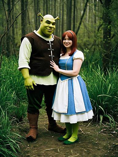 Couple in Shrek and Fiona Costumes in Forest