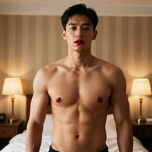 Topless Muscular Man in Warmly Lit Room