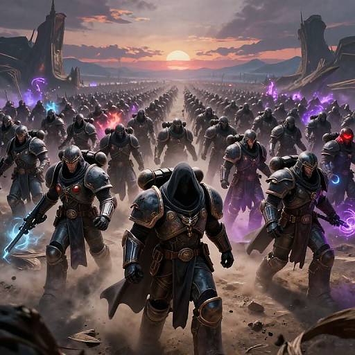 Digital artwork of a massive army in dark, glowing armor charging forward at sunset, wielding glowing weapons, with mist and ruins in the background.
