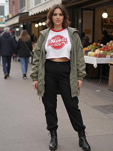 Photograph of a young woman with wavy brown hair, wearing an olive green jacket, white 