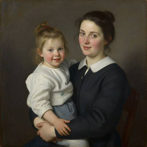 Photorealistic oil painting of a fair-skinned woman with dark hair in a bun, wearing a black dress with white collar, holding a smiling blonde