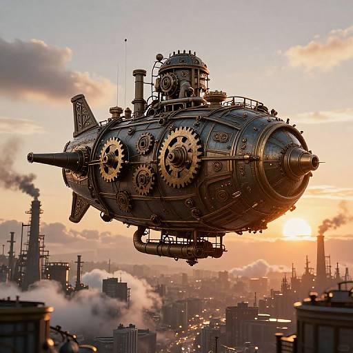 Steampunk airship with large gears, flying over a cityscape at sunset; industrial buildings and smokestacks in the background. (Digital art