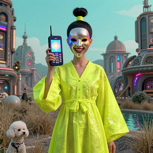 Digital art of a woman in a neon yellow dress, face painted with multicolored dots, holding a flip phone, standing by a futuristic cityscape