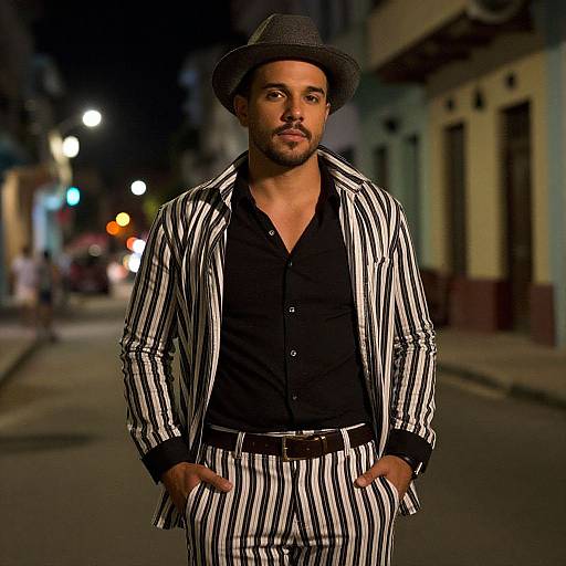 Photograph of a handsome man with a trimmed beard, wearing a black hat, black shirt, and black-and-white striped suit, standing confidently in a