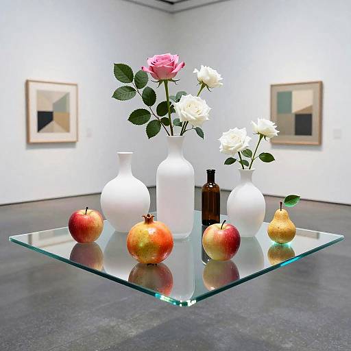 Floating Glass Table with Flowers and Fruits in Gallery