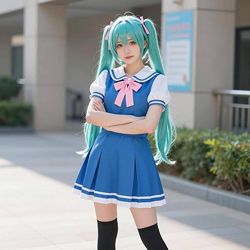 Anime Cosplay Girl in Blue Dress Outdoors