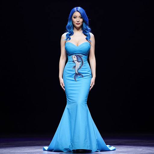 Photograph of an Asian woman with blue hair, wearing a form-fitting, bright blue mermaid dress with a silver serpent embellishment, walking on