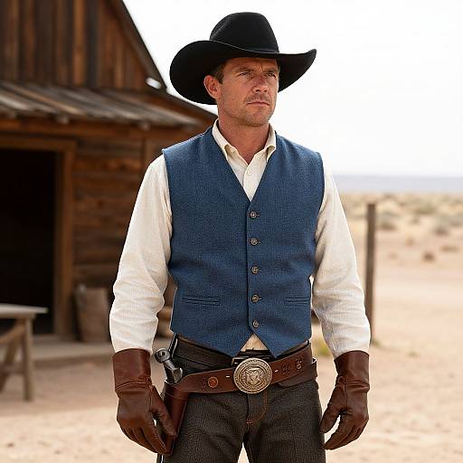 Photograph of a middle-aged white man in a blue vest, white shirt, brown gloves, black hat, and dark pants, standing in front of